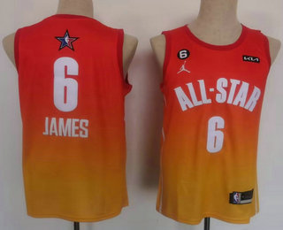 Men%27s Los Angeles Lakers #6 LeBron James Orange 2022 All Star 6 Patch Icon Sponsor Swingman Jersey